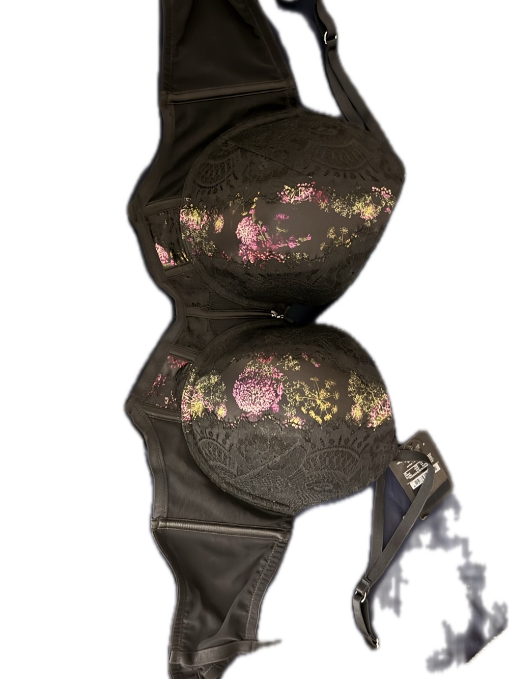 Black Floral Lace Underwire Bra with Pink & Yellow Accents